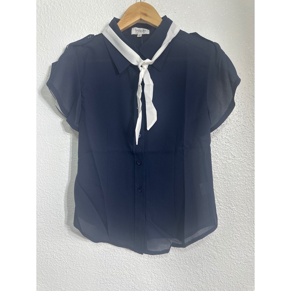 Tulip B Navy Blue Tie Neck Blouse White Contrast Flutter Sleeve Epaulet Top L